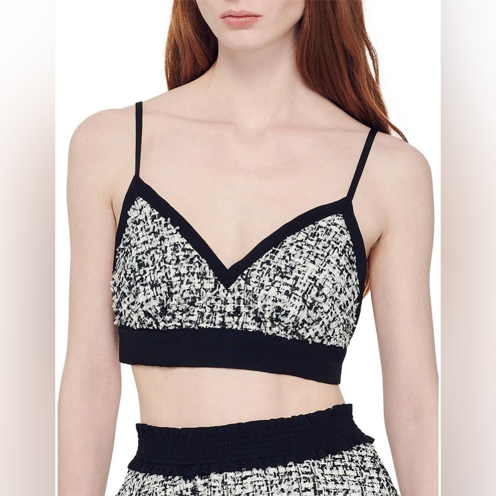 Sandro Paris — “Lenita” Tweed & Satin Bralette Top - Size 0 (XS) — NWT